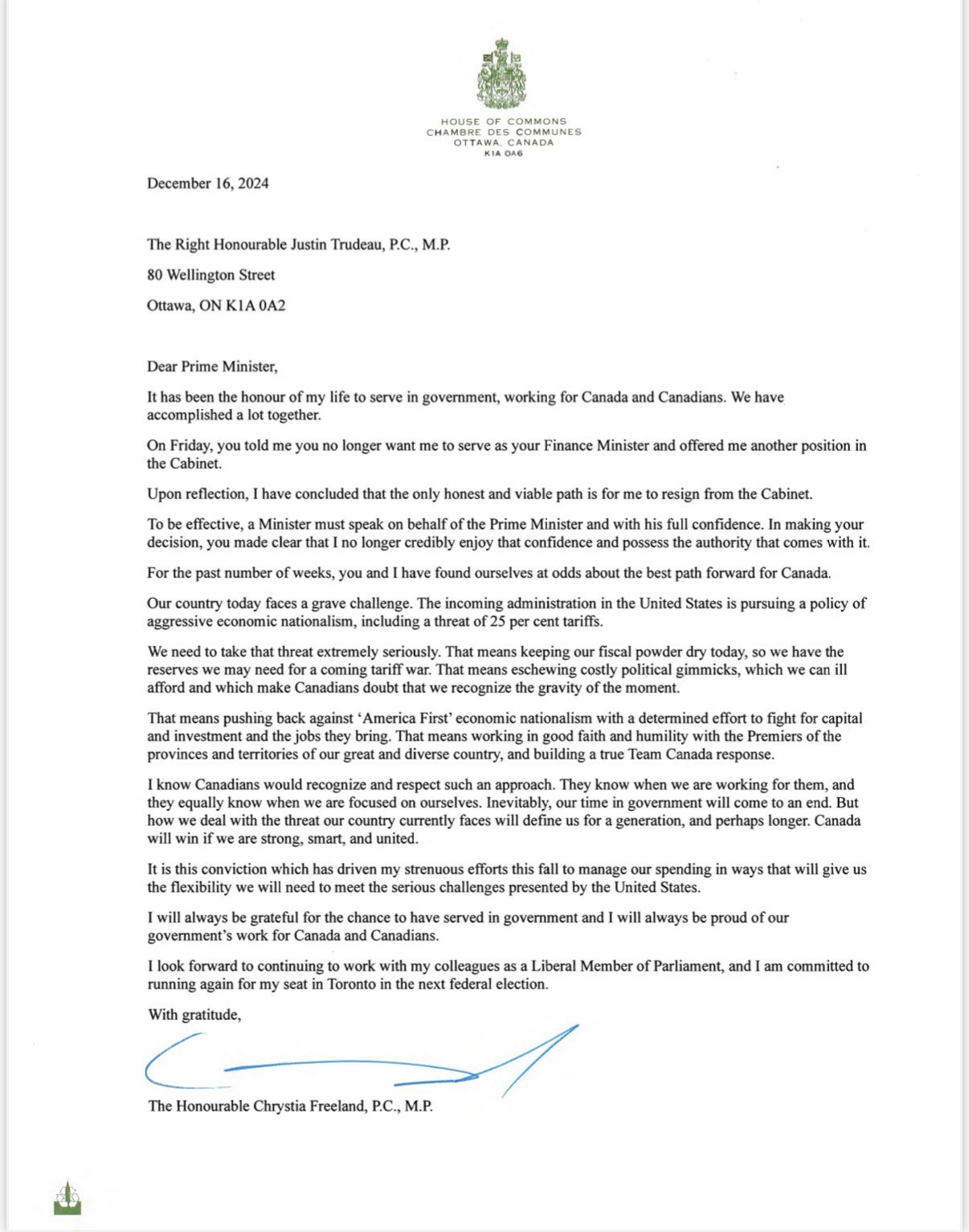 Chrystia Freeland's resignation letter