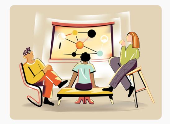 Illustration of three people facing a display board depicting the relationship between generic objects