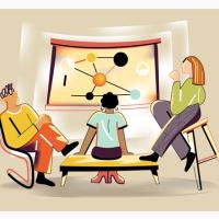 Illustration of three people facing a display board depicting the relationship between generic objects