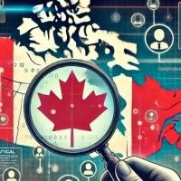 Illustration of a map of Canada with a magnifying glass focused on a red maple leaf in the map's center