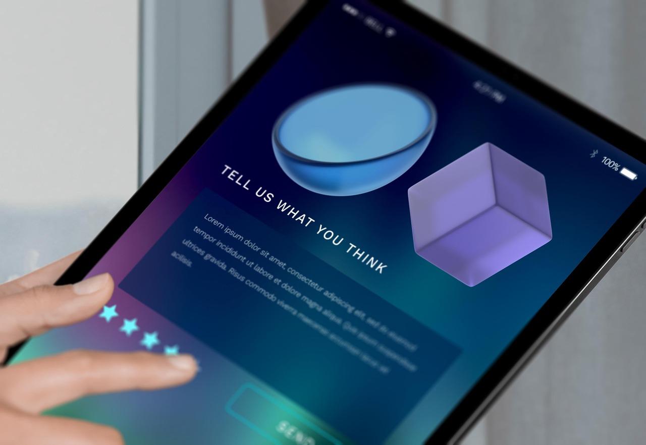 Tablet screen showing 'Tell us what you think'