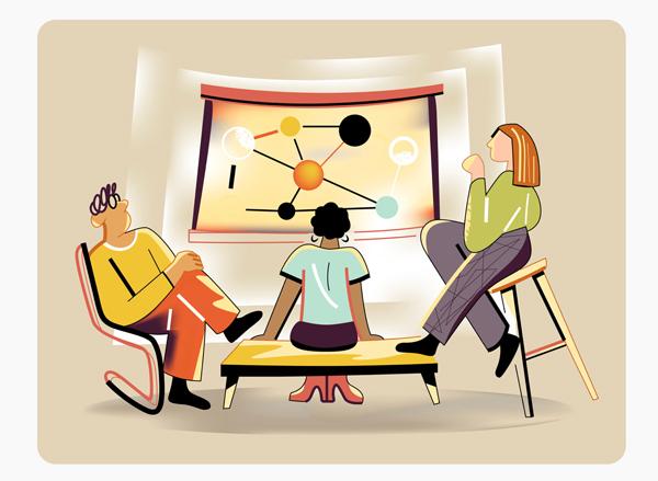 Illustration of three people facing a display board depicting the relationship between generic objects