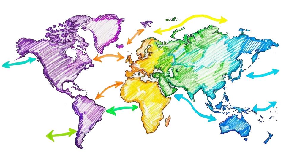 Hand drawn map of the world with arrows pointed to vaious regions