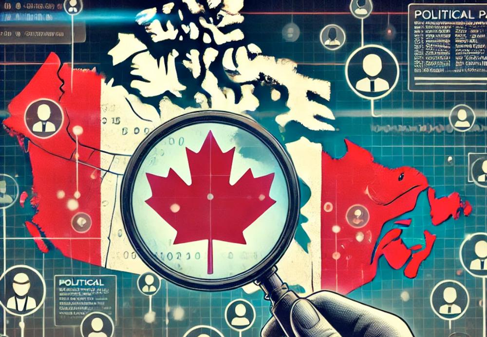 Illustration of a map of Canada with a magnifying glass focused on a red maple leaf in the map's center